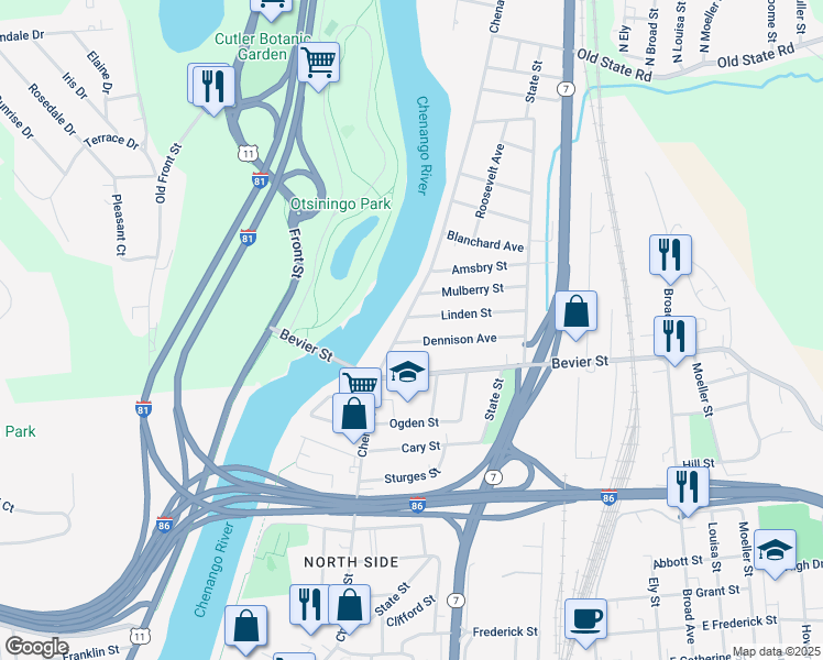 map of restaurants, bars, coffee shops, grocery stores, and more near 552 Chenango St in Binghamton