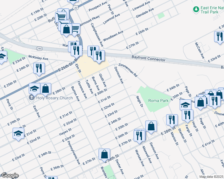 map of restaurants, bars, coffee shops, grocery stores, and more near 1413 E 30th St in Erie