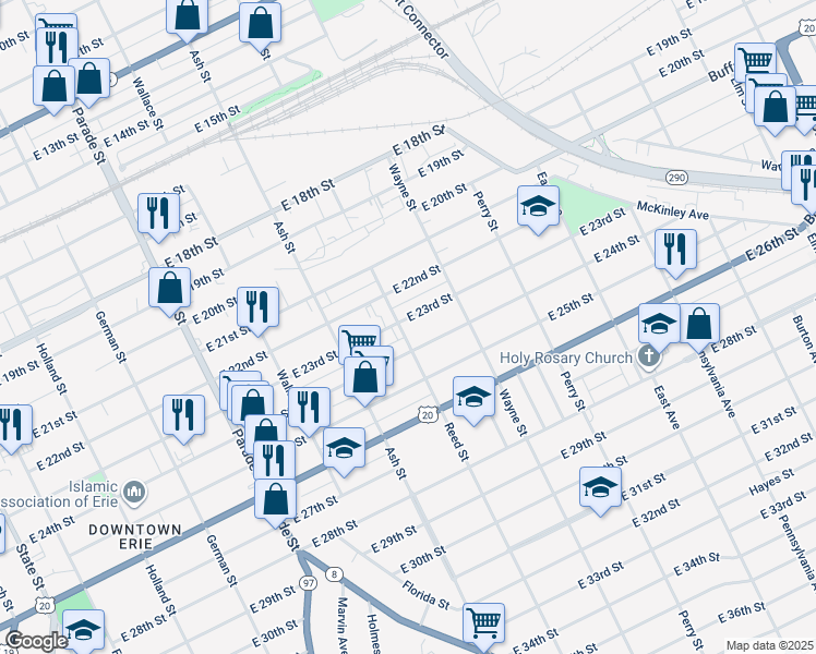 map of restaurants, bars, coffee shops, grocery stores, and more near 705 E 23rd St in Erie