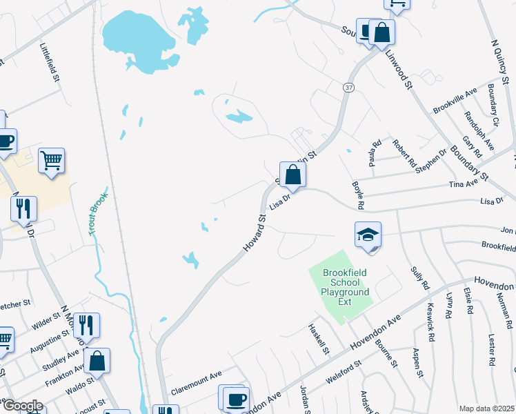 map of restaurants, bars, coffee shops, grocery stores, and more near 500 Howard Street in Brockton