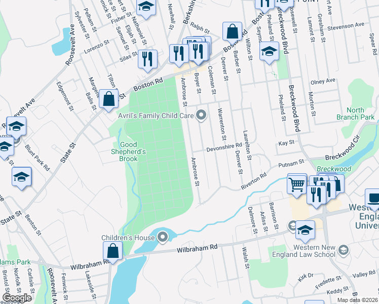 map of restaurants, bars, coffee shops, grocery stores, and more near 182 Ambrose Street in Springfield