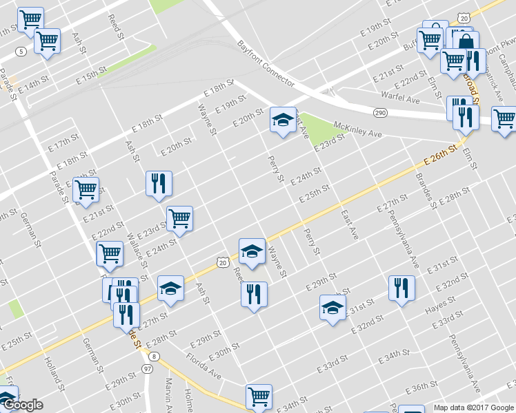 map of restaurants, bars, coffee shops, grocery stores, and more near 809 E 24th St in Erie