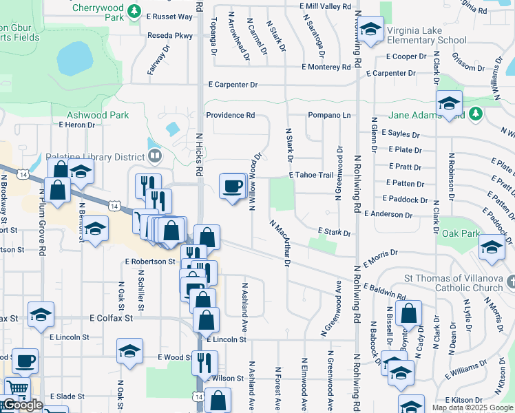 map of restaurants, bars, coffee shops, grocery stores, and more near 447 North Willow Wood Drive in Palatine