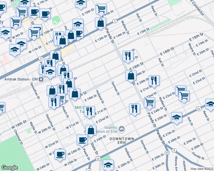 map of restaurants, bars, coffee shops, grocery stores, and more near 245 East 18th Street in Erie