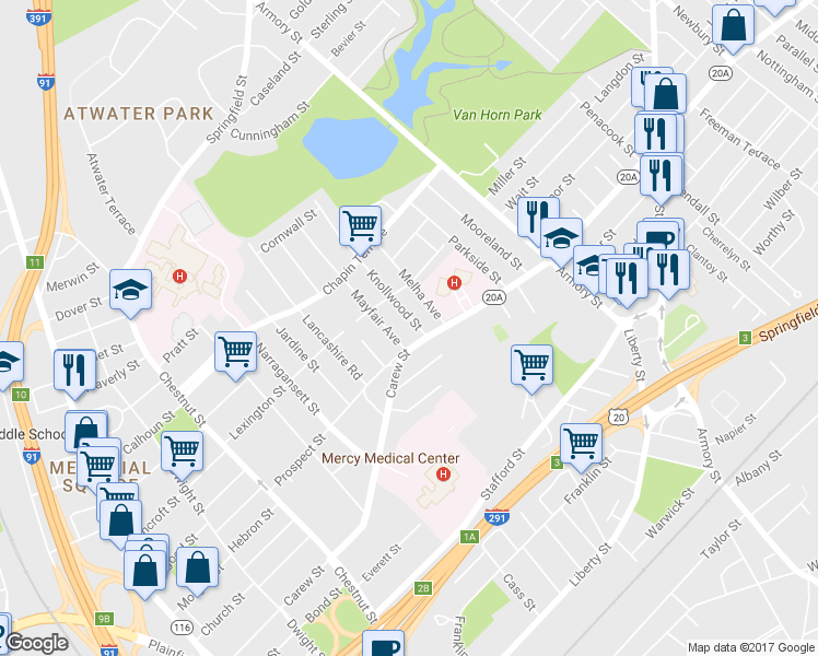 map of restaurants, bars, coffee shops, grocery stores, and more near 18 Knollwood St in Springfield