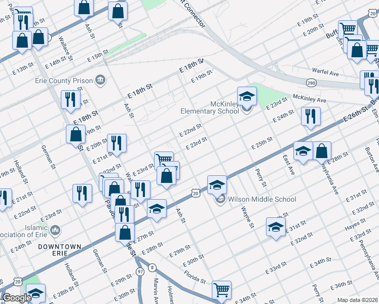 map of restaurants, bars, coffee shops, grocery stores, and more near 705 East 23rd Street in Erie