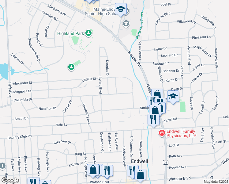 map of restaurants, bars, coffee shops, grocery stores, and more near 801 Lyncourt Dr in Endicott