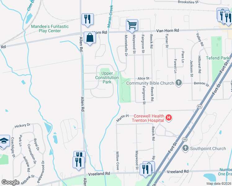 map of restaurants, bars, coffee shops, grocery stores, and more near 18929 Forrest Hill Drive in Trenton