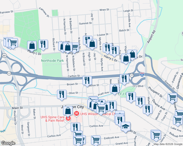 map of restaurants, bars, coffee shops, grocery stores, and more near 114 North St in Johnson City