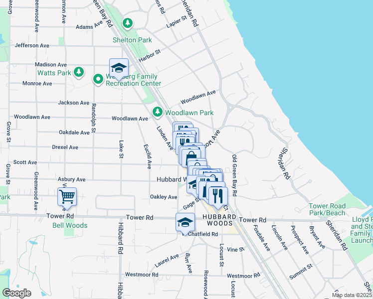 map of restaurants, bars, coffee shops, grocery stores, and more near 75 Green Bay Road in Glencoe