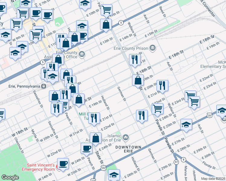 map of restaurants, bars, coffee shops, grocery stores, and more near 245 East 18th Street in Erie