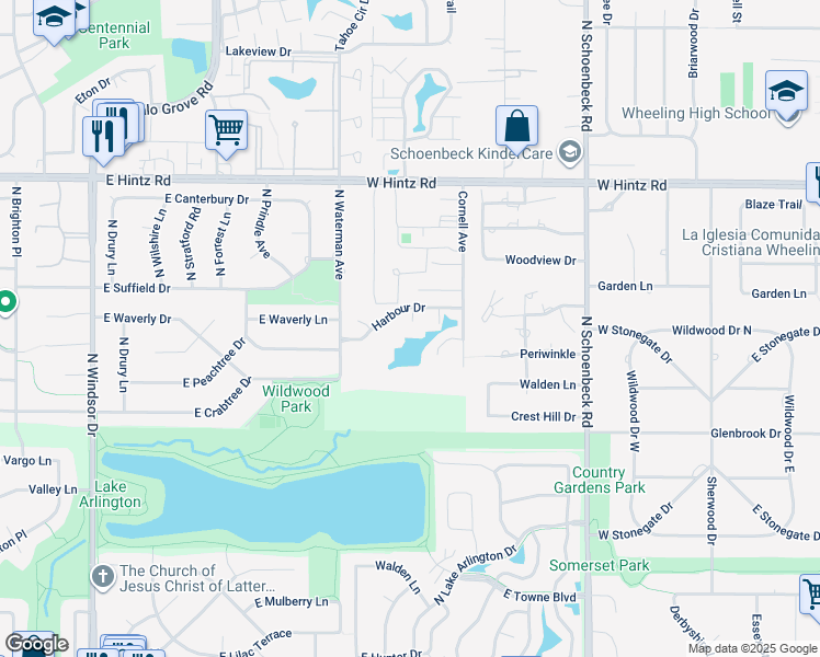 map of restaurants, bars, coffee shops, grocery stores, and more near 1054 Harbour Court in Wheeling