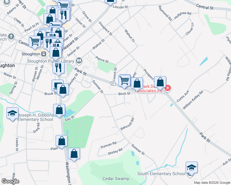 map of restaurants, bars, coffee shops, grocery stores, and more near 40 Birch Street in Stoughton