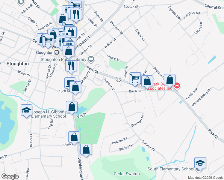 map of restaurants, bars, coffee shops, grocery stores, and more near 75 Sumner Street in Stoughton