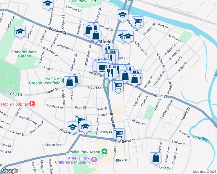 map of restaurants, bars, coffee shops, grocery stores, and more near 9 Broad Street in Westfield