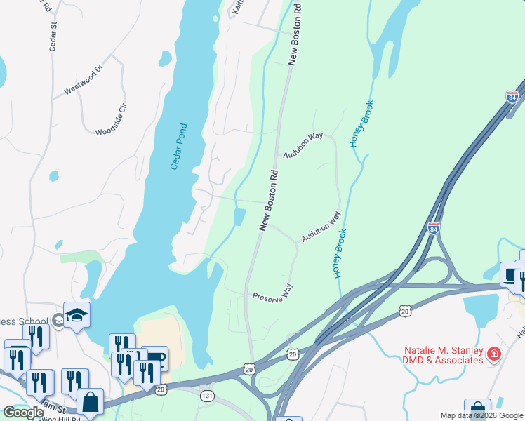 map of restaurants, bars, coffee shops, grocery stores, and more near 72 New Boston Road in Sturbridge