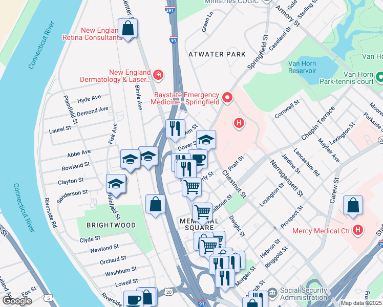 map of restaurants, bars, coffee shops, grocery stores, and more near 16 Cumberland Street in Springfield