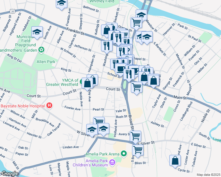 map of restaurants, bars, coffee shops, grocery stores, and more near 36 Court Street in Westfield