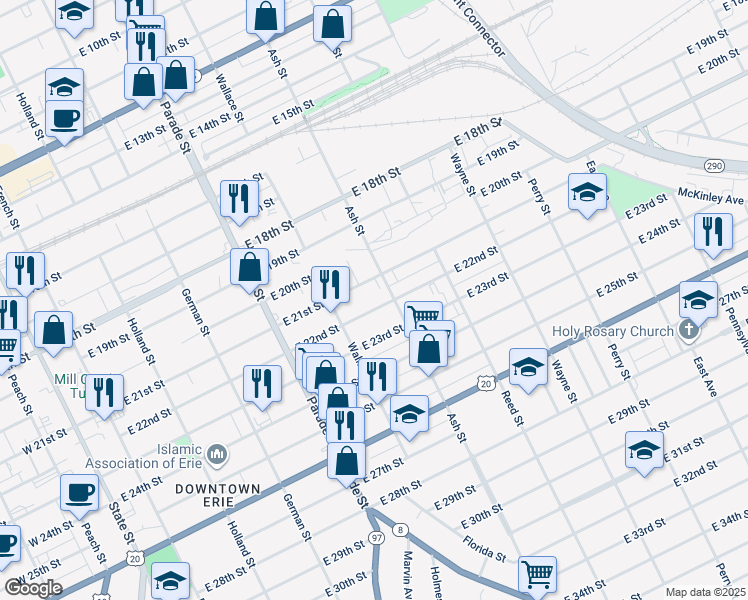 map of restaurants, bars, coffee shops, grocery stores, and more near 532 East 22nd Street in Erie