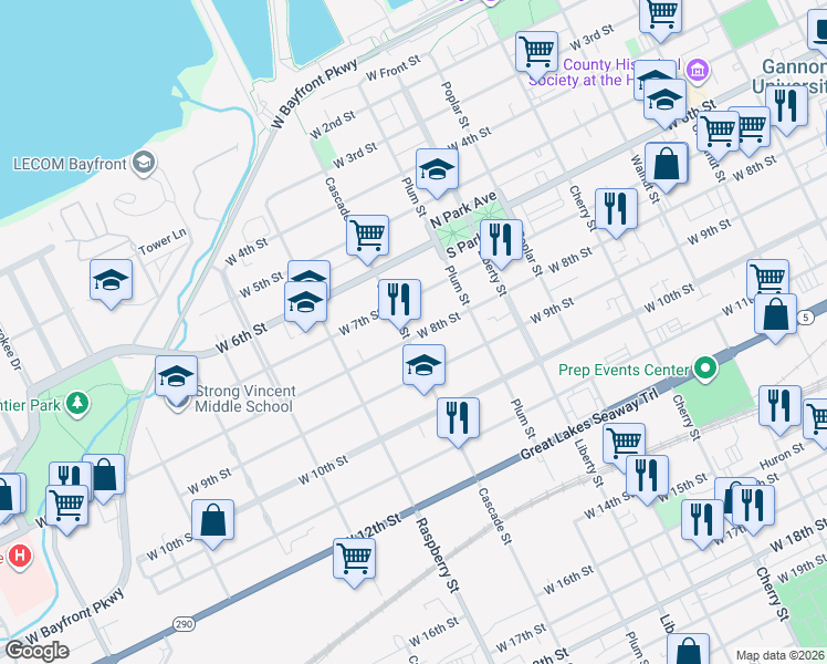 map of restaurants, bars, coffee shops, grocery stores, and more near 958 West 8th Street in Erie