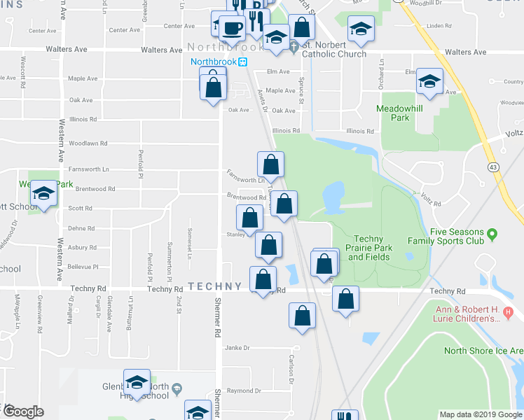 map of restaurants, bars, coffee shops, grocery stores, and more near 1922 Beaumont Place in Northbrook