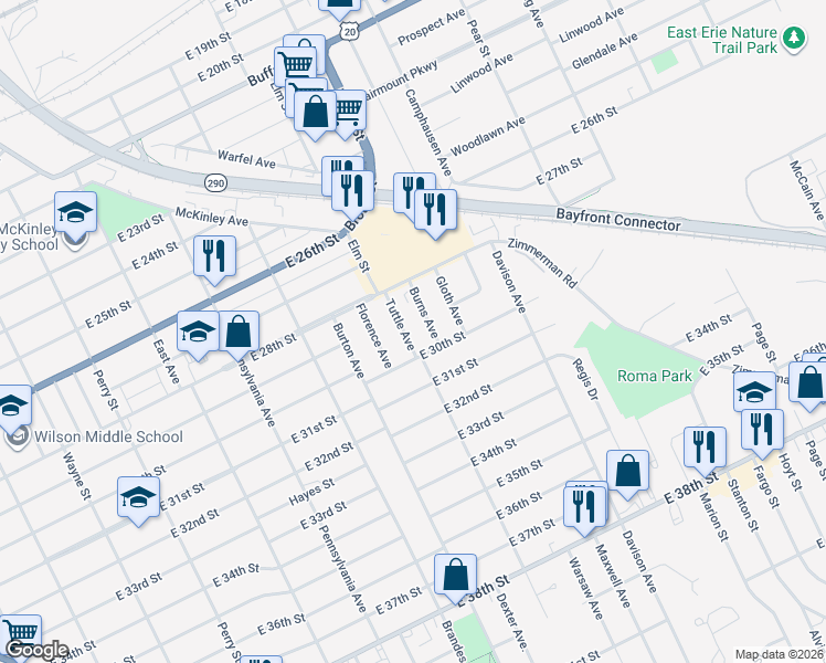 map of restaurants, bars, coffee shops, grocery stores, and more near 2919 Tuttle Avenue in Erie