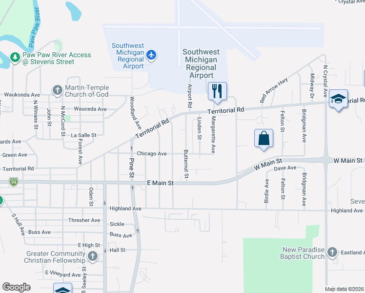 map of restaurants, bars, coffee shops, grocery stores, and more near 328 Butternut Street in Benton Harbor