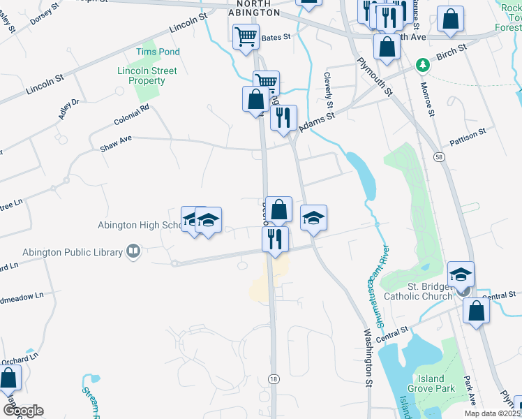 map of restaurants, bars, coffee shops, grocery stores, and more near 590 Bedford Street in Abington