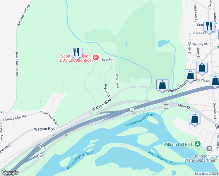 map of restaurants, bars, coffee shops, grocery stores, and more near 27 Birch Street in Johnson City