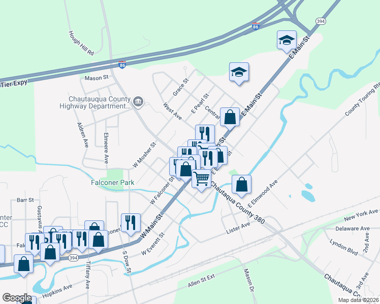 map of restaurants, bars, coffee shops, grocery stores, and more near 17 East Falconer Street in Falconer