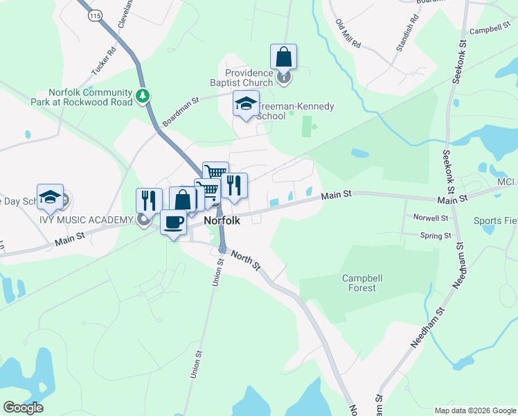 map of restaurants, bars, coffee shops, grocery stores, and more near 118 Main Street in Norfolk