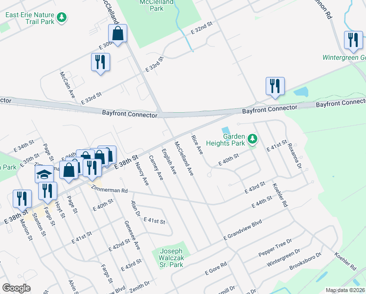 map of restaurants, bars, coffee shops, grocery stores, and more near 3823 Mcclelland Avenue in Erie