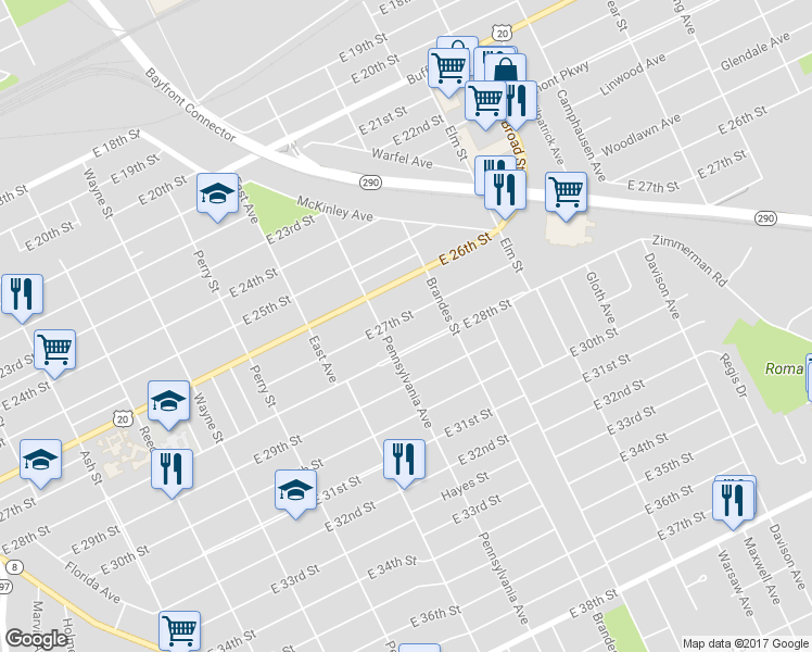 map of restaurants, bars, coffee shops, grocery stores, and more near 1121 East 27th Street in Erie