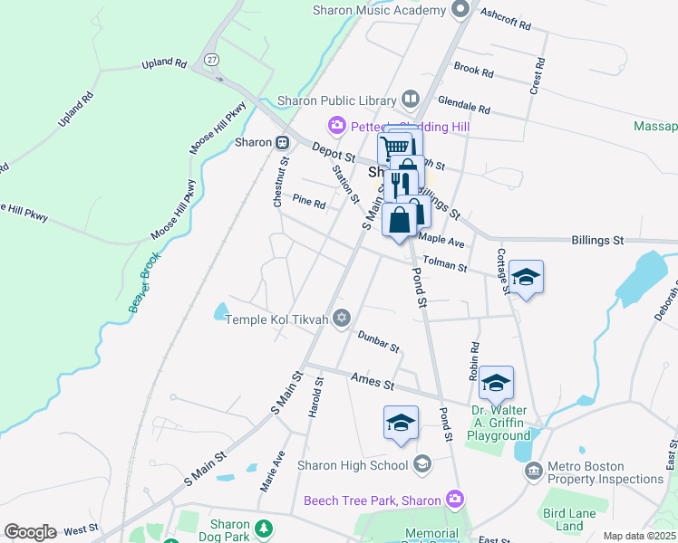 map of restaurants, bars, coffee shops, grocery stores, and more near 100 South Main Street in Sharon