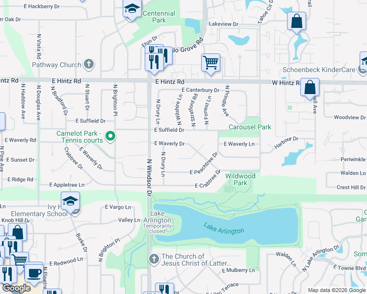 map of restaurants, bars, coffee shops, grocery stores, and more near 1609 East Waverly Drive in Arlington Heights