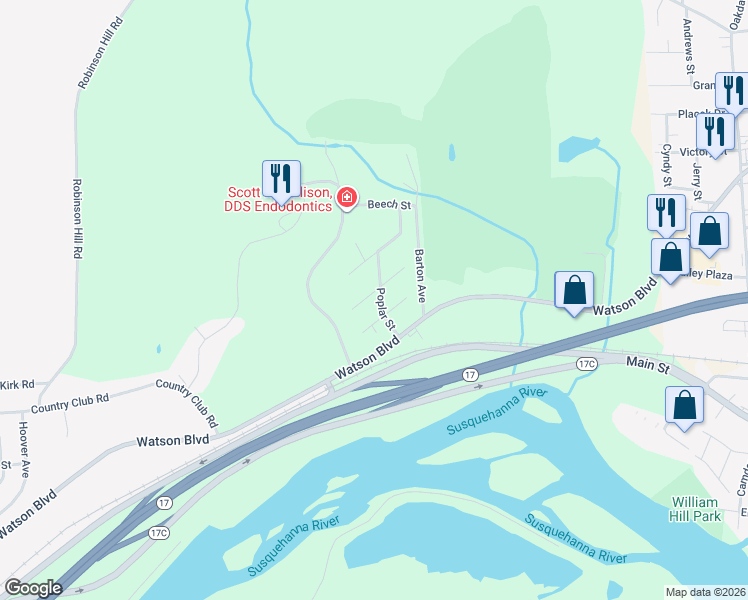 map of restaurants, bars, coffee shops, grocery stores, and more near 12 Woodland Avenue in Johnson City