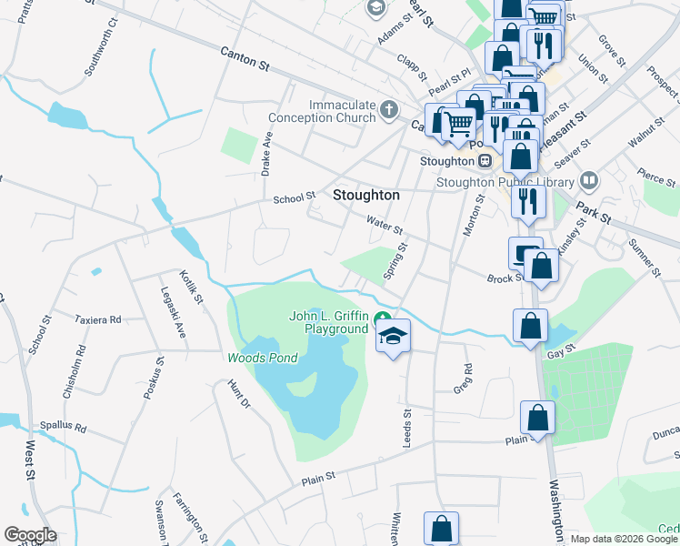 map of restaurants, bars, coffee shops, grocery stores, and more near 80 Blackstone Street in Stoughton