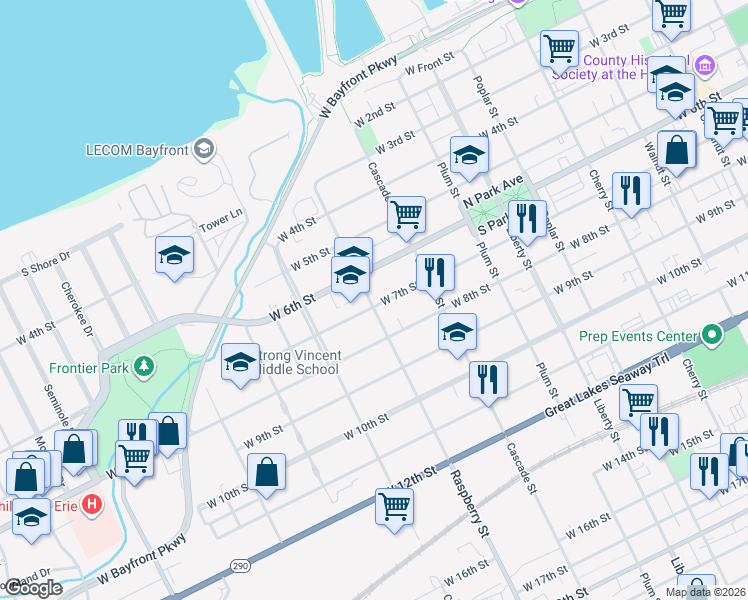 map of restaurants, bars, coffee shops, grocery stores, and more near 1062 West 7th Street in Erie