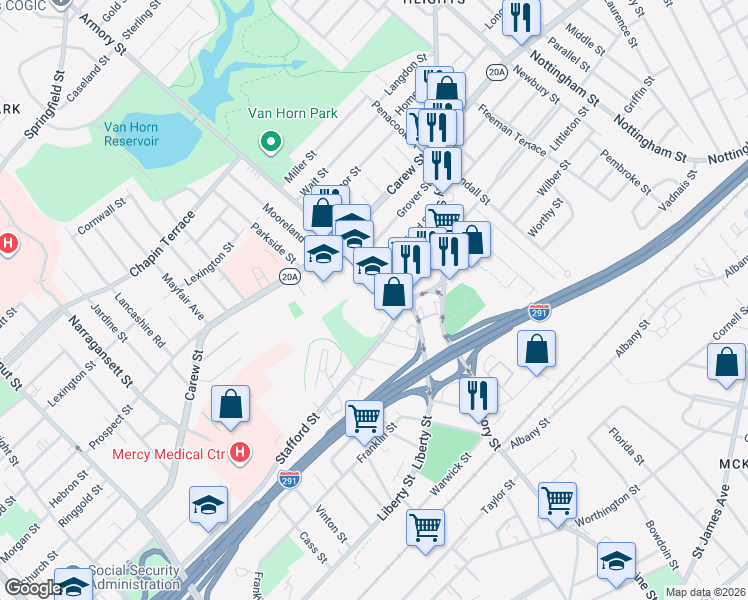 map of restaurants, bars, coffee shops, grocery stores, and more near 426 Armory Street in Springfield