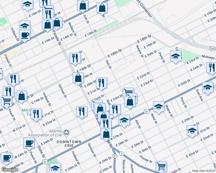 map of restaurants, bars, coffee shops, grocery stores, and more near 532 East 22nd Street in Erie