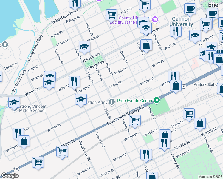 map of restaurants, bars, coffee shops, grocery stores, and more near 909 Liberty Street in Erie