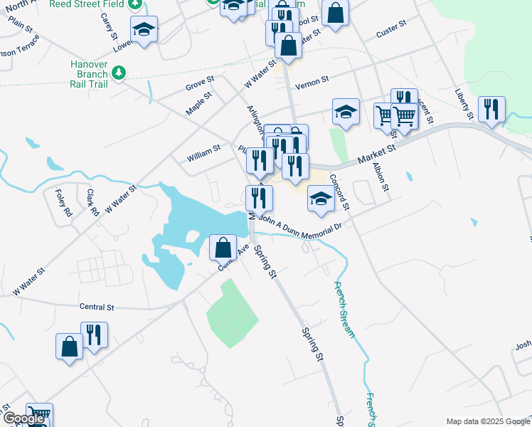 map of restaurants, bars, coffee shops, grocery stores, and more near 50 John A Dunn Memorial Drive in Rockland