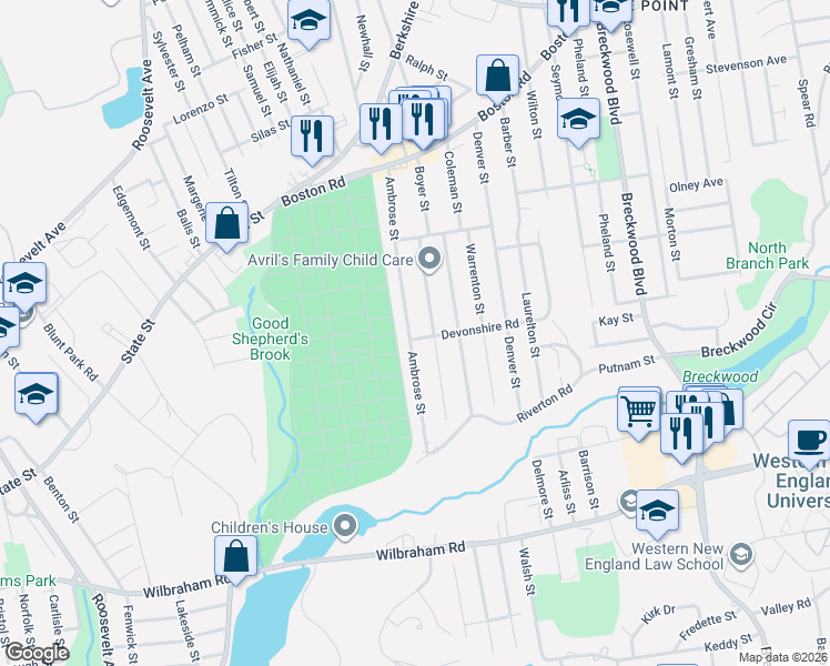 map of restaurants, bars, coffee shops, grocery stores, and more near 182 Ambrose Street in Springfield