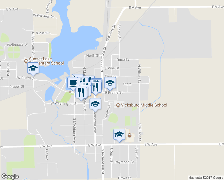 map of restaurants, bars, coffee shops, grocery stores, and more near 321 East Prairie Street in Vicksburg