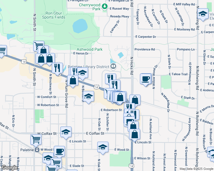 map of restaurants, bars, coffee shops, grocery stores, and more near 234 East Northwest Highway in Palatine