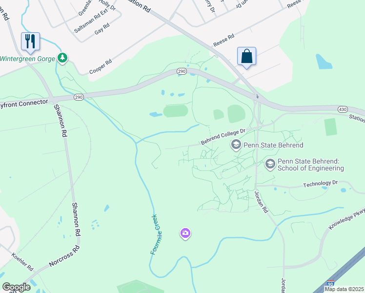 map of restaurants, bars, coffee shops, grocery stores, and more near 4651 College Drive in Erie