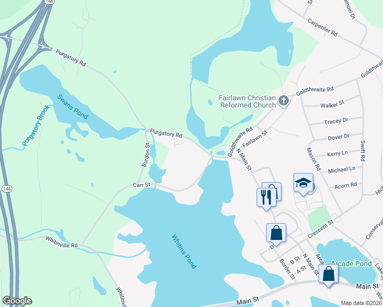 map of restaurants, bars, coffee shops, grocery stores, and more near 151 Purgatory Road in Northbridge