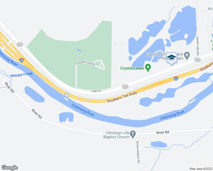 map of restaurants, bars, coffee shops, grocery stores, and more near 11409A-B Lpga Drive in Corning