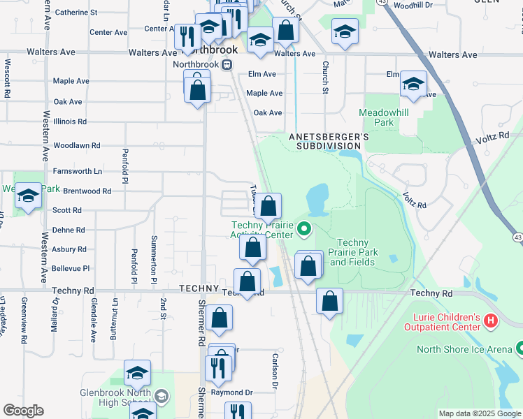 map of restaurants, bars, coffee shops, grocery stores, and more near 1781 Tudor Lane in Northbrook