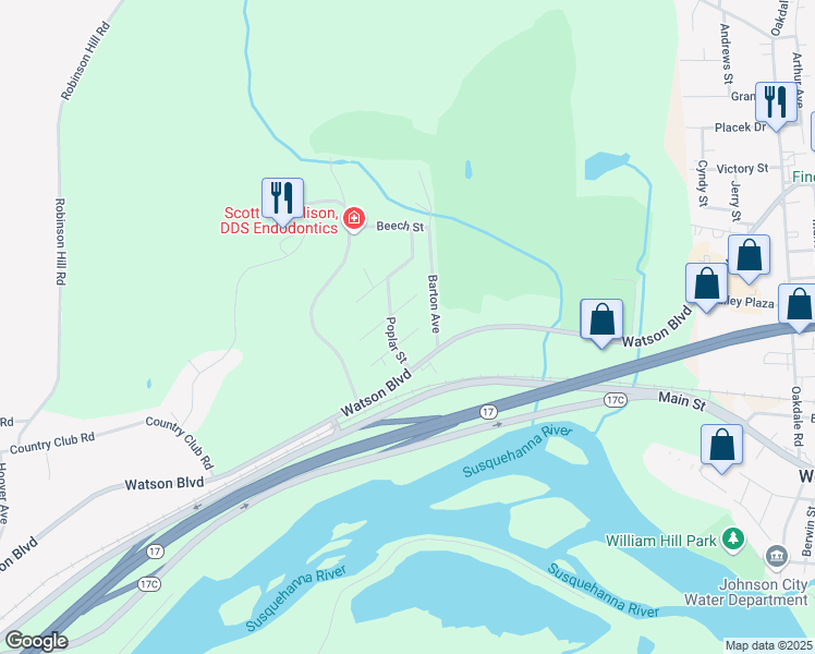map of restaurants, bars, coffee shops, grocery stores, and more near 29 Birch Street in Johnson City